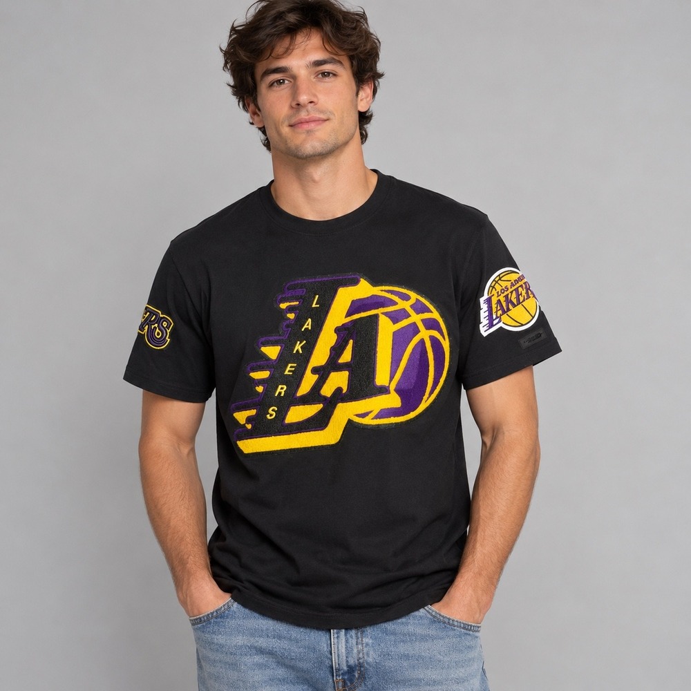 Los Angeles Lakers T-Shirt Mens Medium Black Chenille Patch NBA Pro Standard